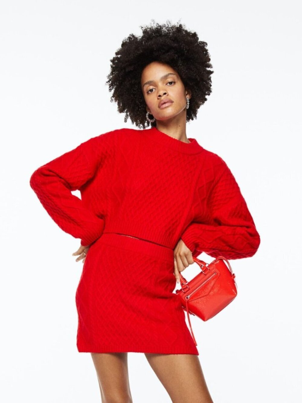 H&M Red Acrylic Wool Blend Cable Knit Crew Neck Cropped Sweater, Size S